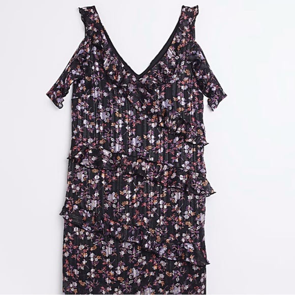 RIVER ISLAND *NWT* Black Floral Frill Slip MIDI DRESS UK 16/US 12 - Picture 5 of 10